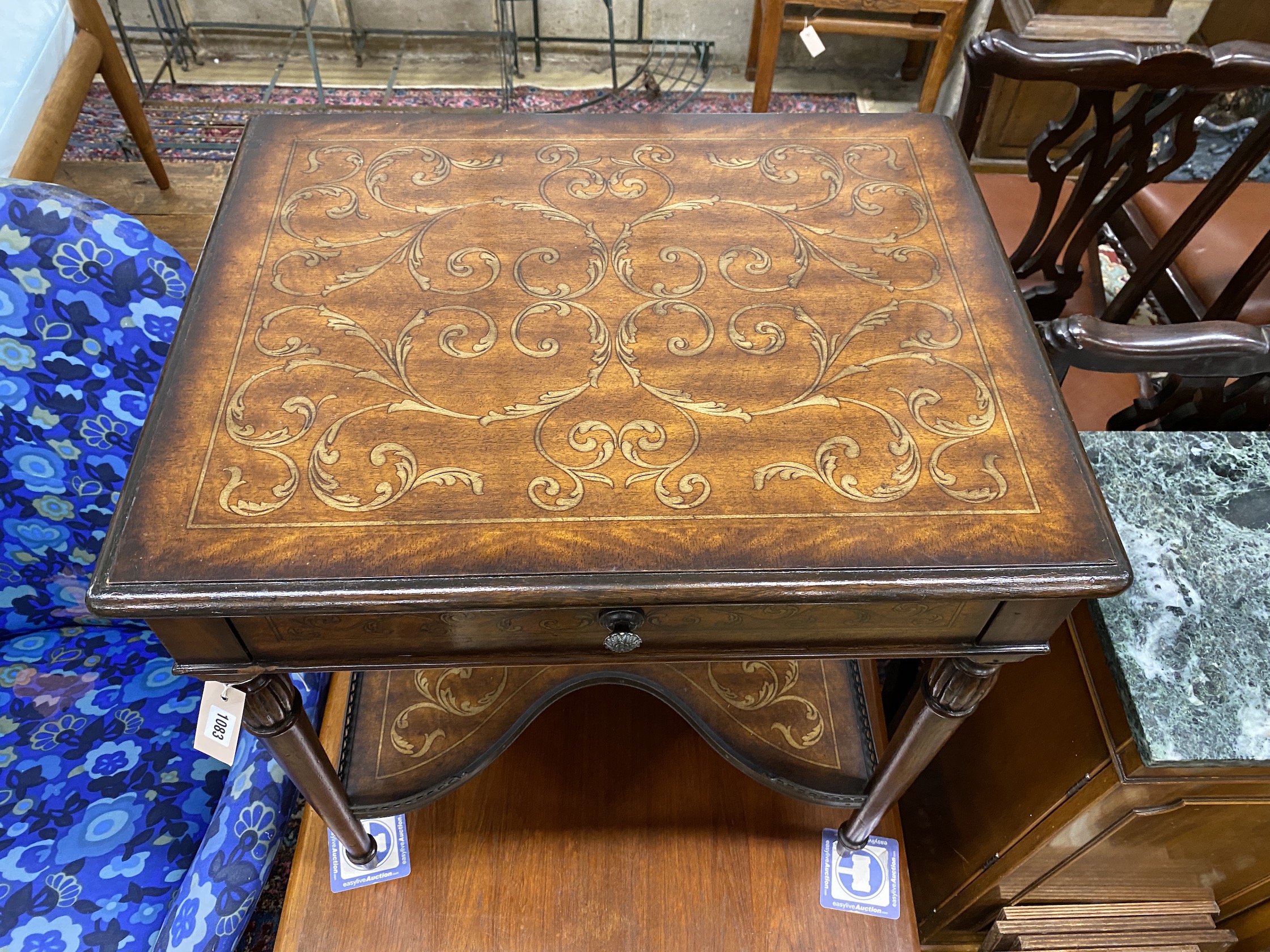 A Theodore Alexander faux marquetry walnut two tier table, width 66cm, depth 51cm, height 72cm